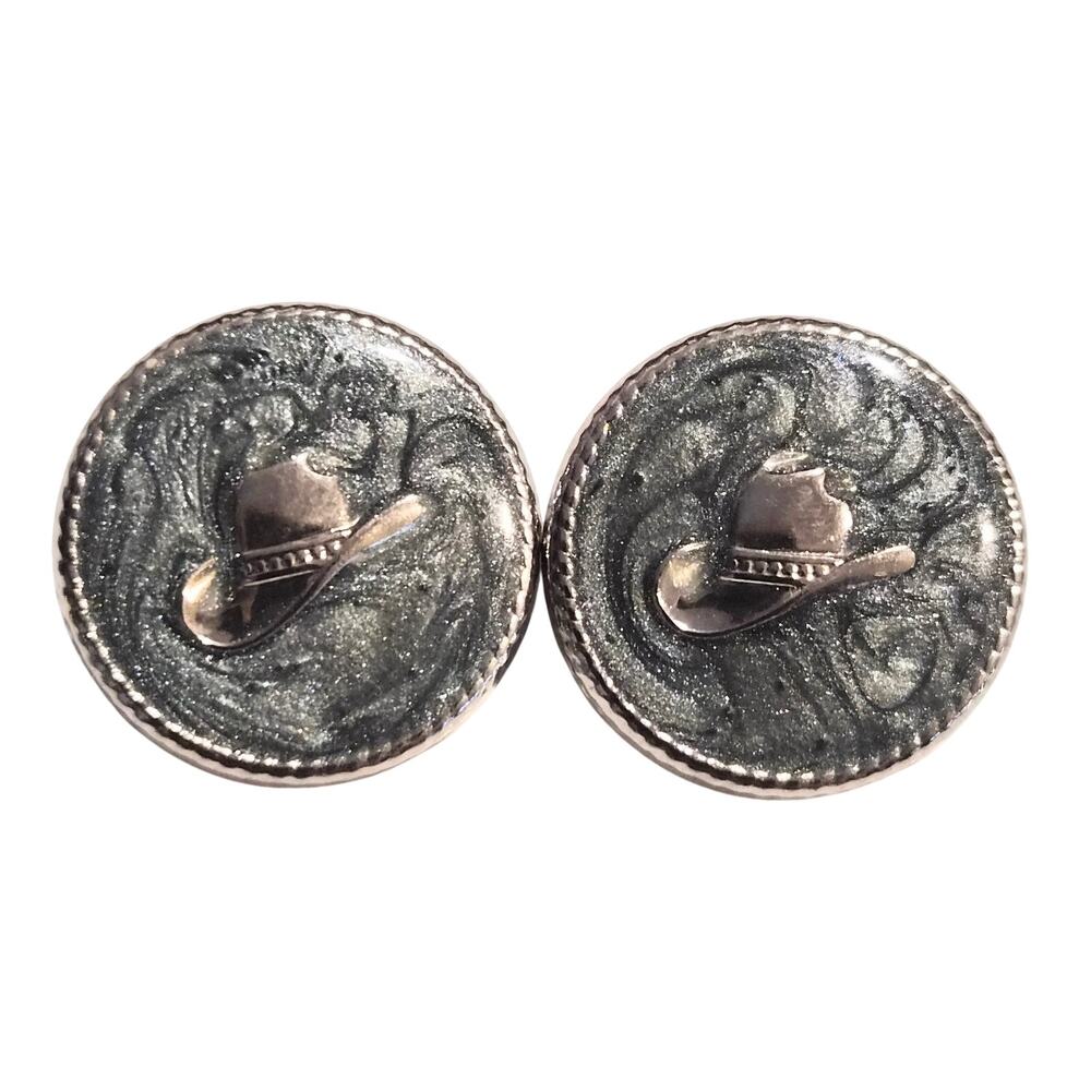 Vintage Western Cowboy‎ Hat Stud Earrings Silver Tone Metallic Gray Enamel